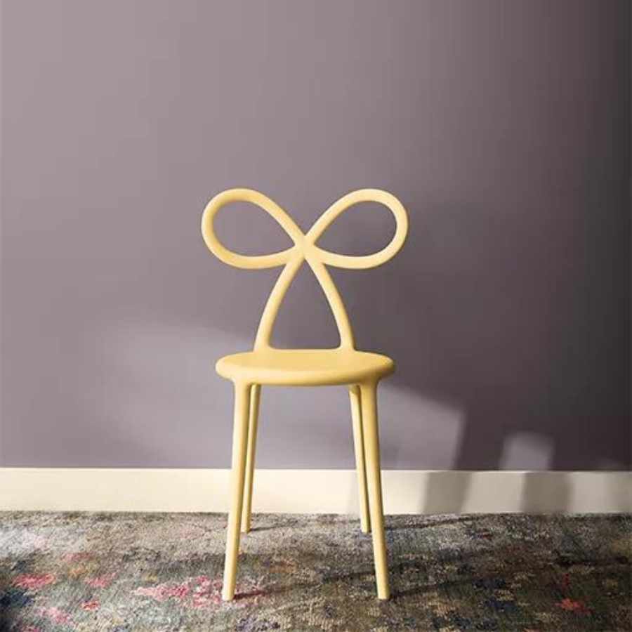 Benjamin Moore Hazy Lilac with a yellow decorative chair.